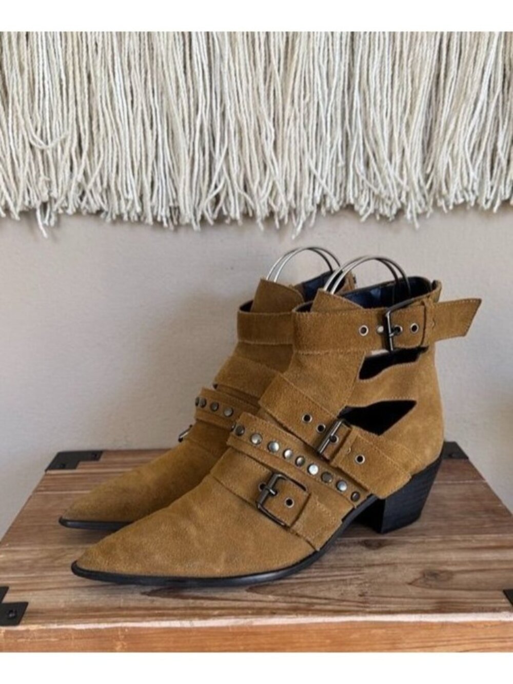 Zara Brown‎ Suede Pointy Toe Gunmetal Studded Buckle Belted Ankle Boots Size 10